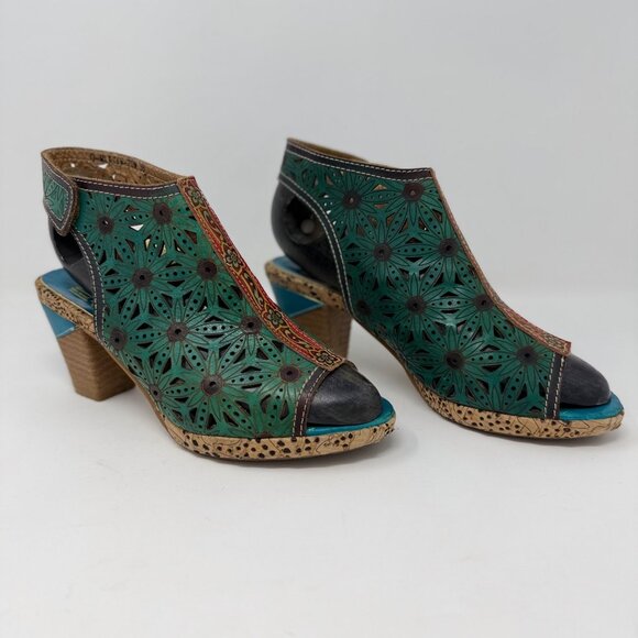 L'Artiste Hand Painted Leather Slingback Block Heels 7.5-8 - Picture 6 of 15